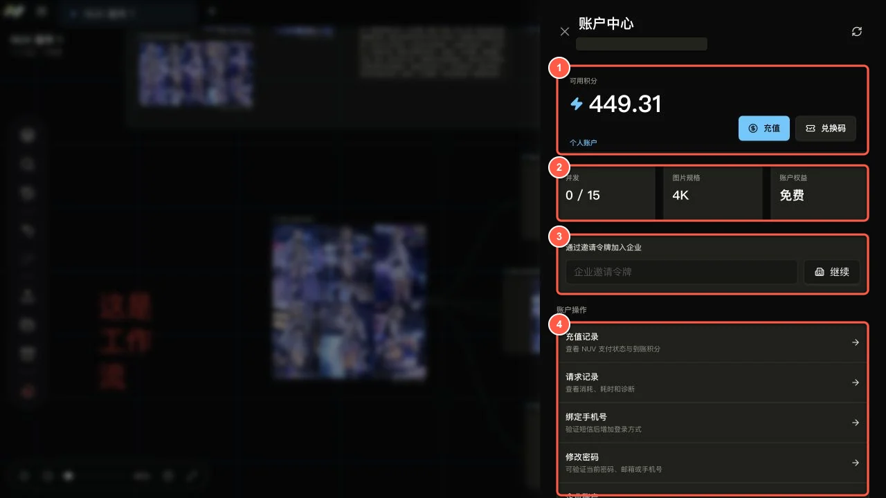 NUV 账户中心,标注了积分账户、账户权益、企业邀请和账户操作区域