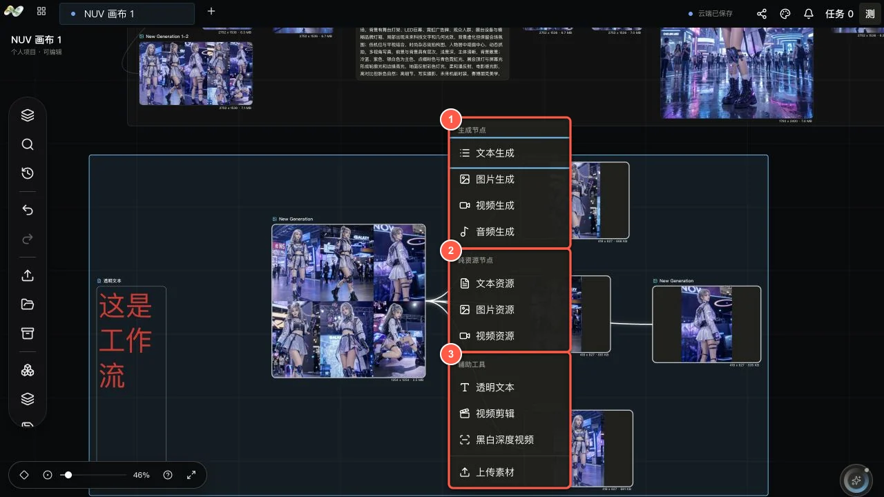 NUV 画布右键创建菜单,标注了生成节点、纯资源节点和辅助工具