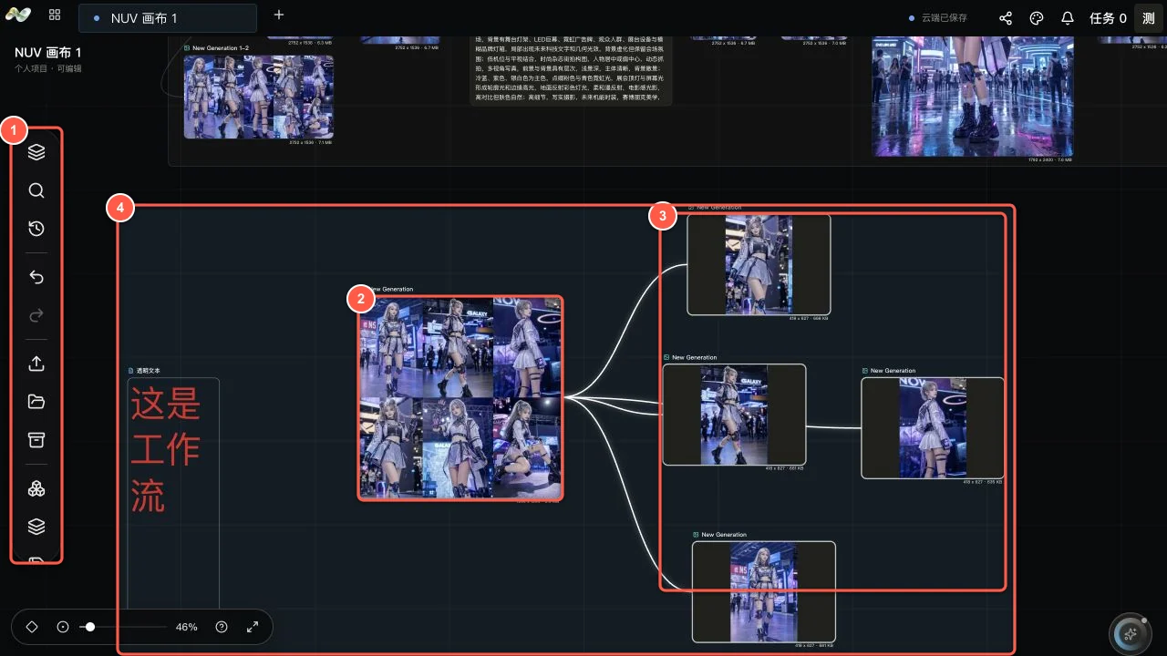 NUV 画布工作流,标注了左侧工具栏、输入节点、输出节点连线和 Group 范围